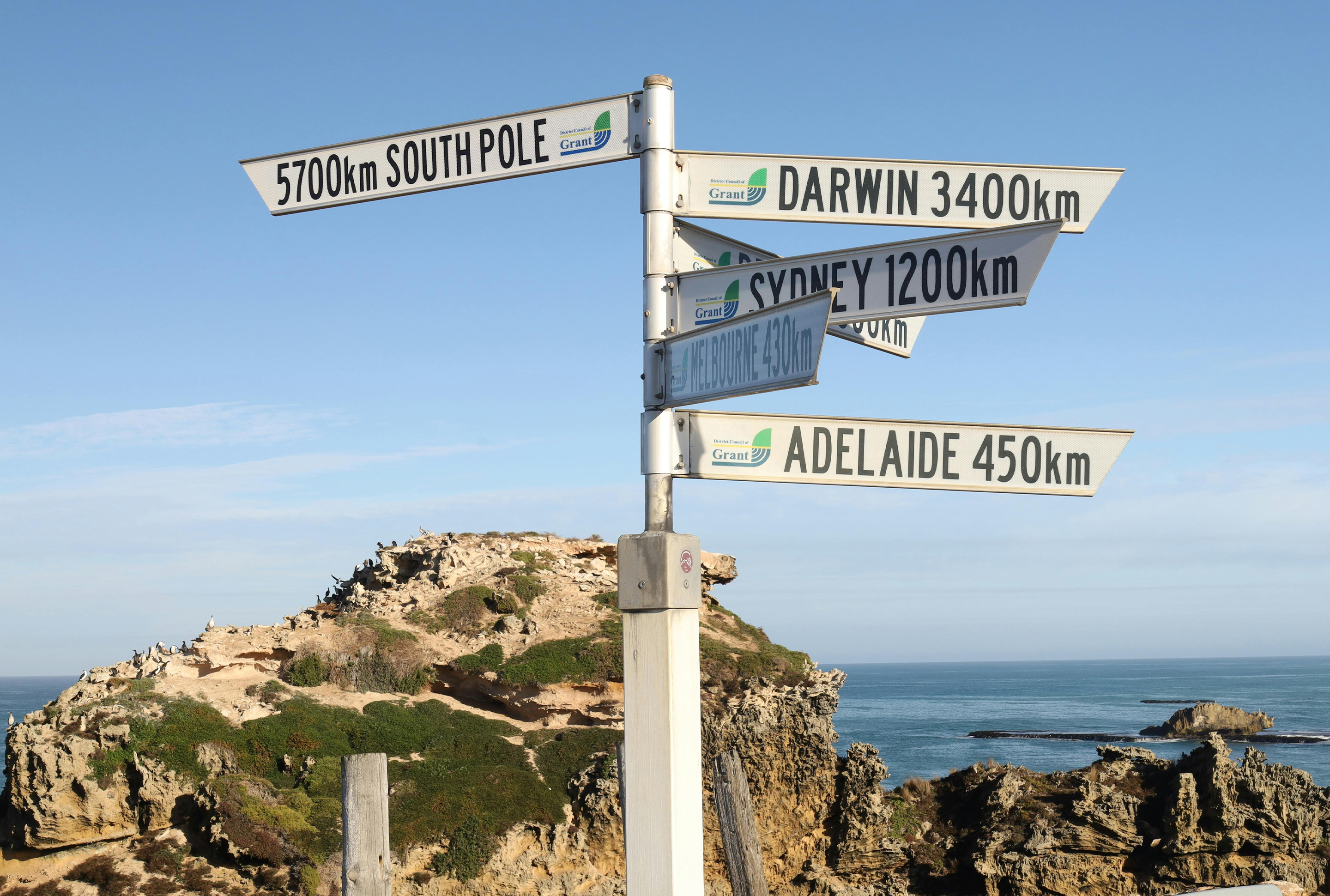 Pfeiler mit australischen Städten und Distanzen, dahinter Felsen und das Meer bis zum Horizont